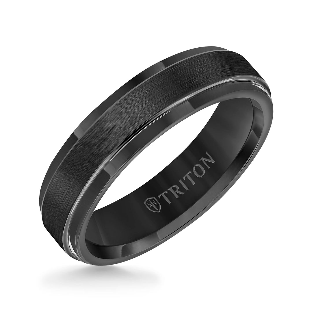 11-2133BC-G.00 - Goldman - 6mm Black Tungsten Carbide Satin Finish Flat Center with Bright Step Edge Comfort Fit Band.