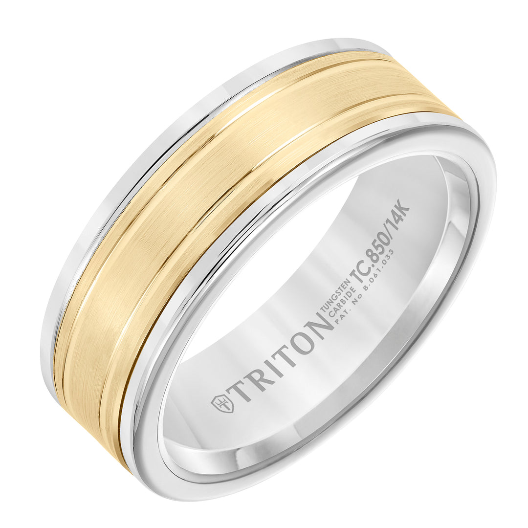 11-2401WCY8-G.00 - Goldman - 8mm Band with White Tungsten Exterior and Double Engraved 14K Yellow Gold Core