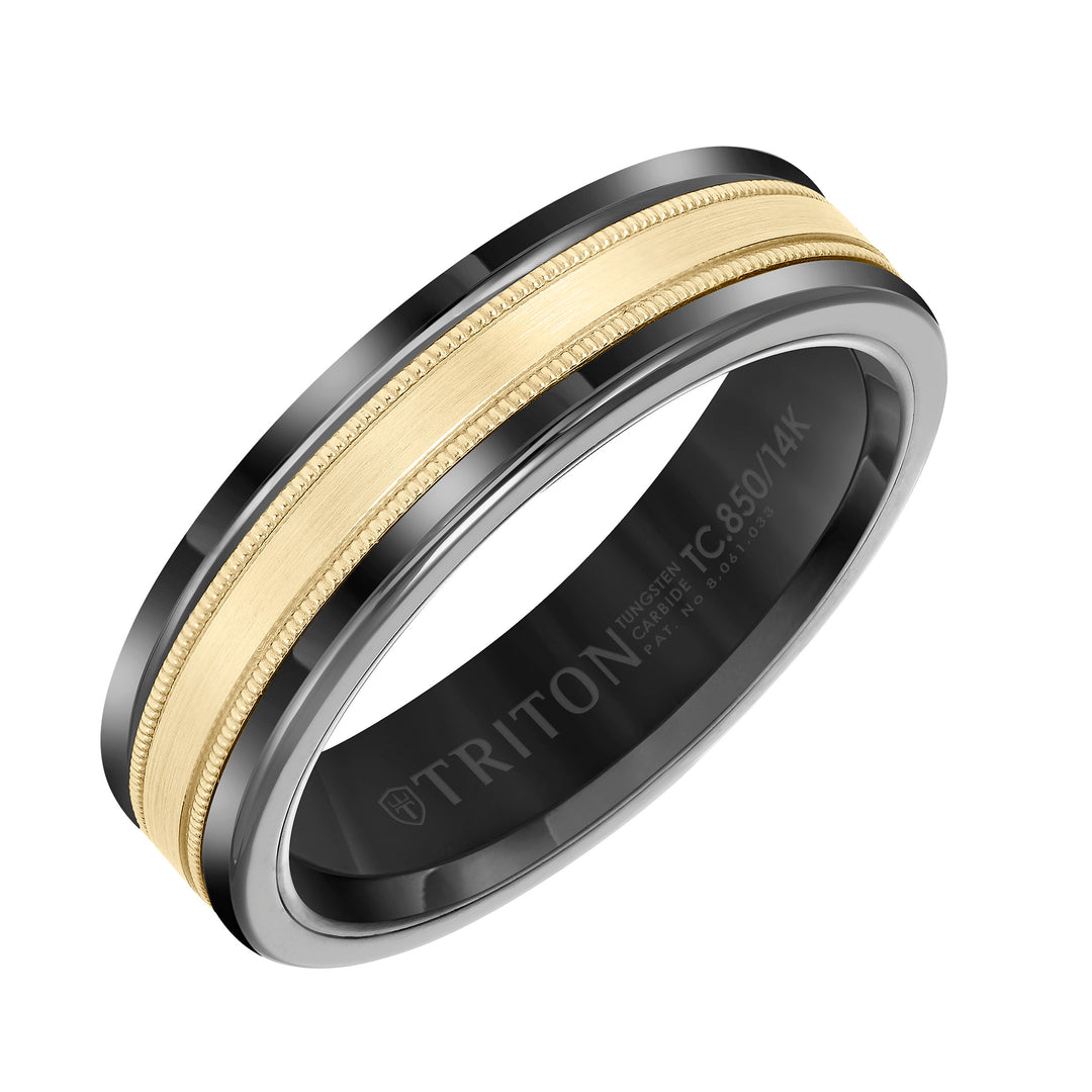 11-2403BCY6-G.00 - Goldman - 6mm Band with Black Tungsten Exterior and Flat Milgrain 14K Yellow Gold Core