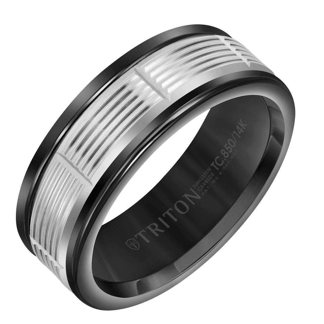 11-2407BCW8-G.00 - Goldman - 8mm Band with Black Tungsten Exterior and Serrated Vertical Cuts 14K White Gold Core