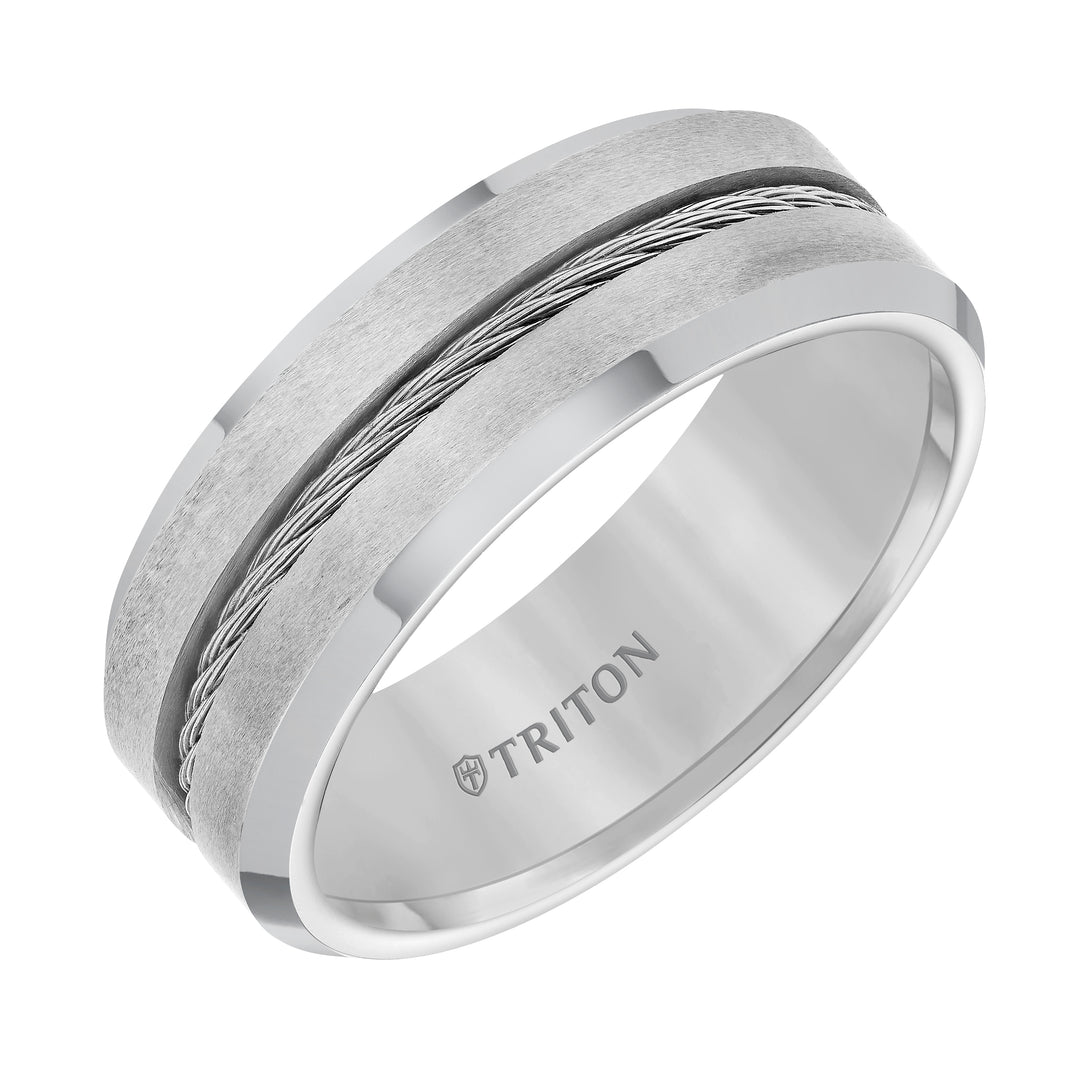 11-3289C-G.00 - Goldman - 8mm Tungsten carbide Brush Finish With Bright Bevel Edge Comfort Fit Band with Center Steel Cable Inlay
