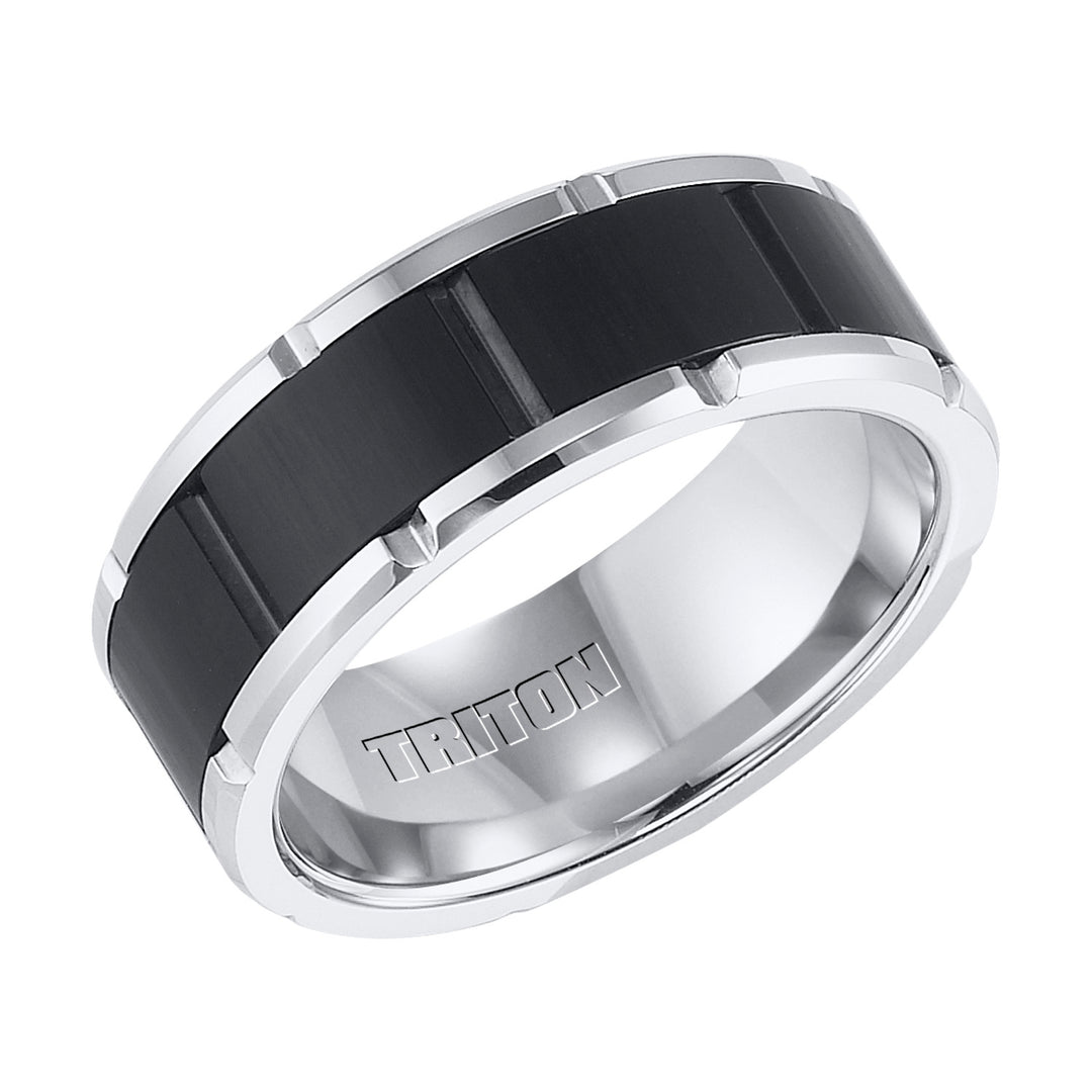 11-4334MC-G.00 - Goldman - Black and White Tungsten Carbide Comfort Fit Band with Brick Engraving