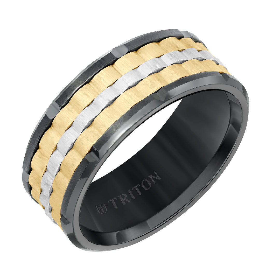 11-6016BCBUW-G.00 - Goldman - 9MM Tungsten Carbide Ring - Basketweave Center & Bevel Edge