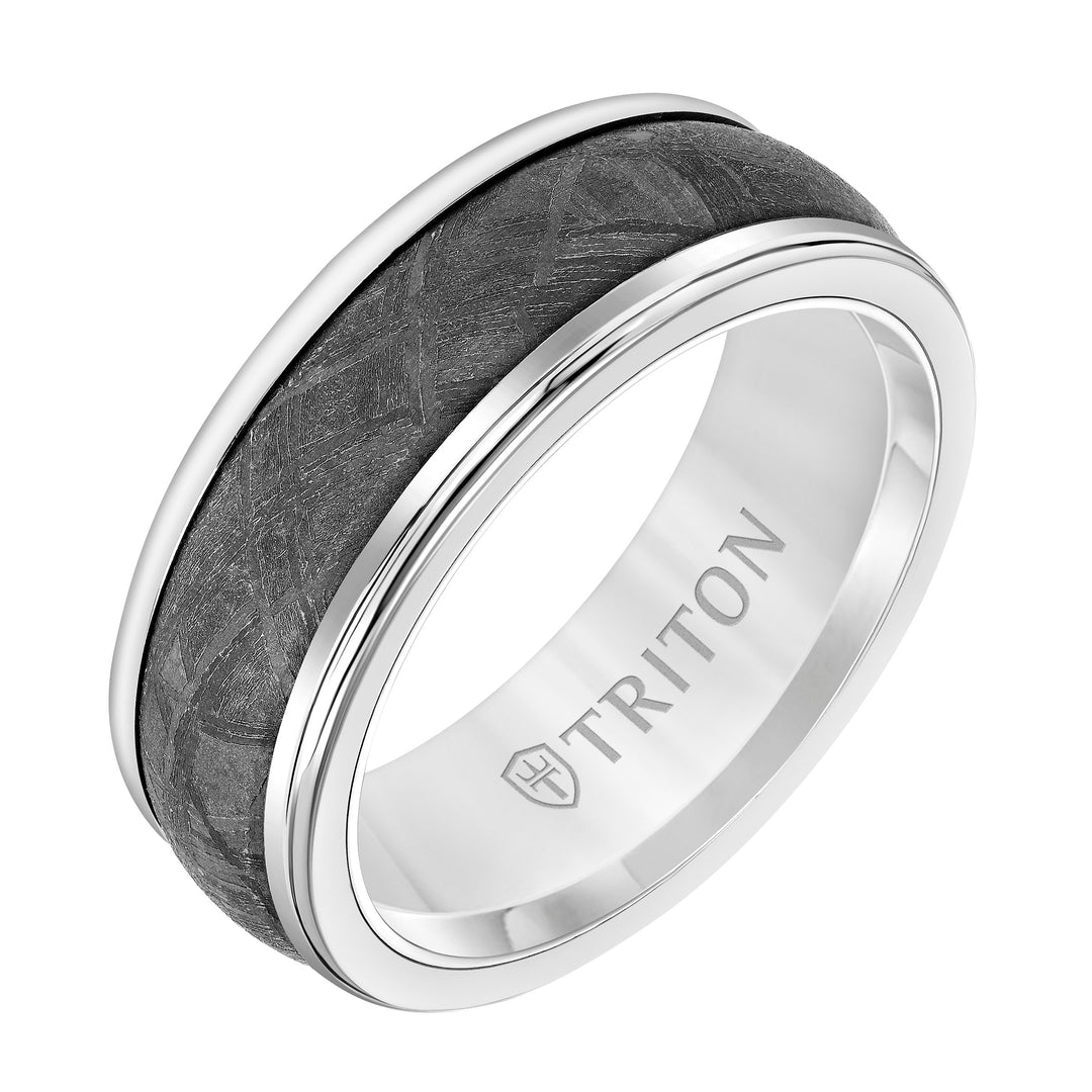 11-6082WCM8-G.00 - Goldman - 8mm White Tungsten Carbide Ring with Meteorite Center and Round Edge