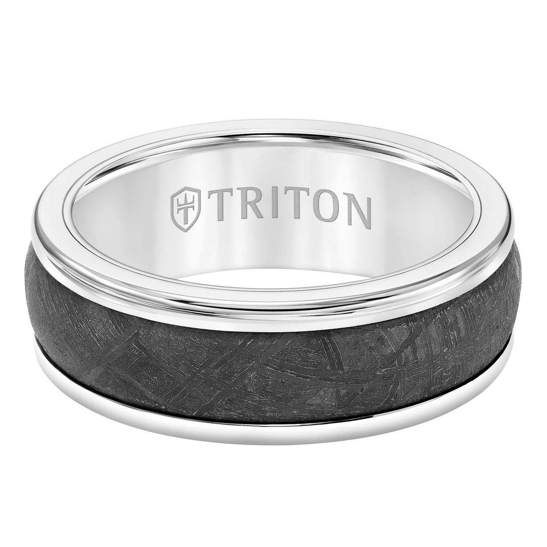 8mm White Tungsten Carbide Ring with Meteorite Center and Round Edge