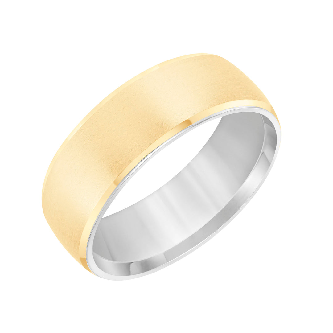 11-8385A7-G.00 - Goldman - It is all in the details with this luxuriously designed two-tone gold, Comfort Fit wedding band featuring a satin finish with rolled edge