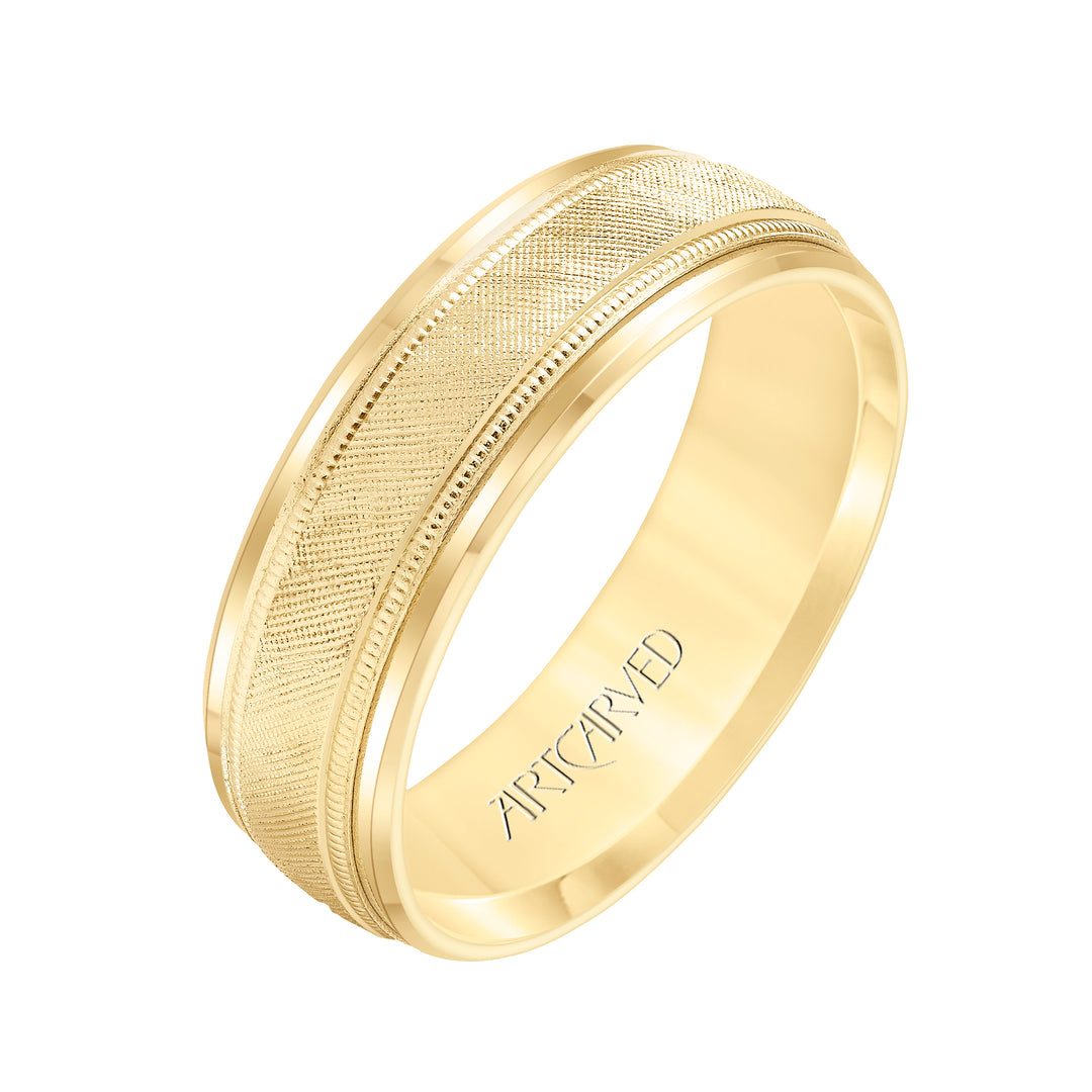 11-WV3402-G.00 - Goldman - Comfort Fit, engraved wedding band with textured design, milgrain and beveled edges