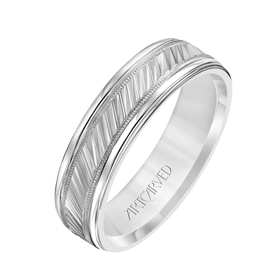 11-WV5044W-G.00 - Goldman - Comfort Fit wedding band with diagonal engraved design, milgrain and rolled edges
