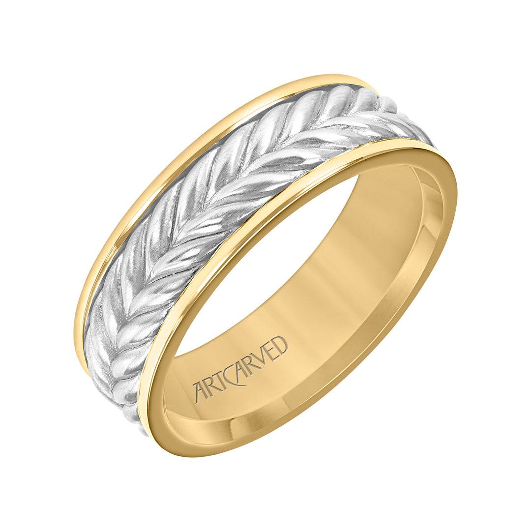 11-WV9215YW7-G.00 - Goldman - 7MM Mens Wedding Band - Brushed Finish with Braided Center Design and Round Edge