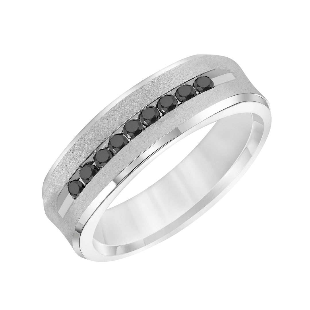 21-14881W-G.04 - Goldman - Luxuriously designed, this 9 stone black diamond wedding band features a low-domed, semi-square profile with a soft sand finish and flat edges