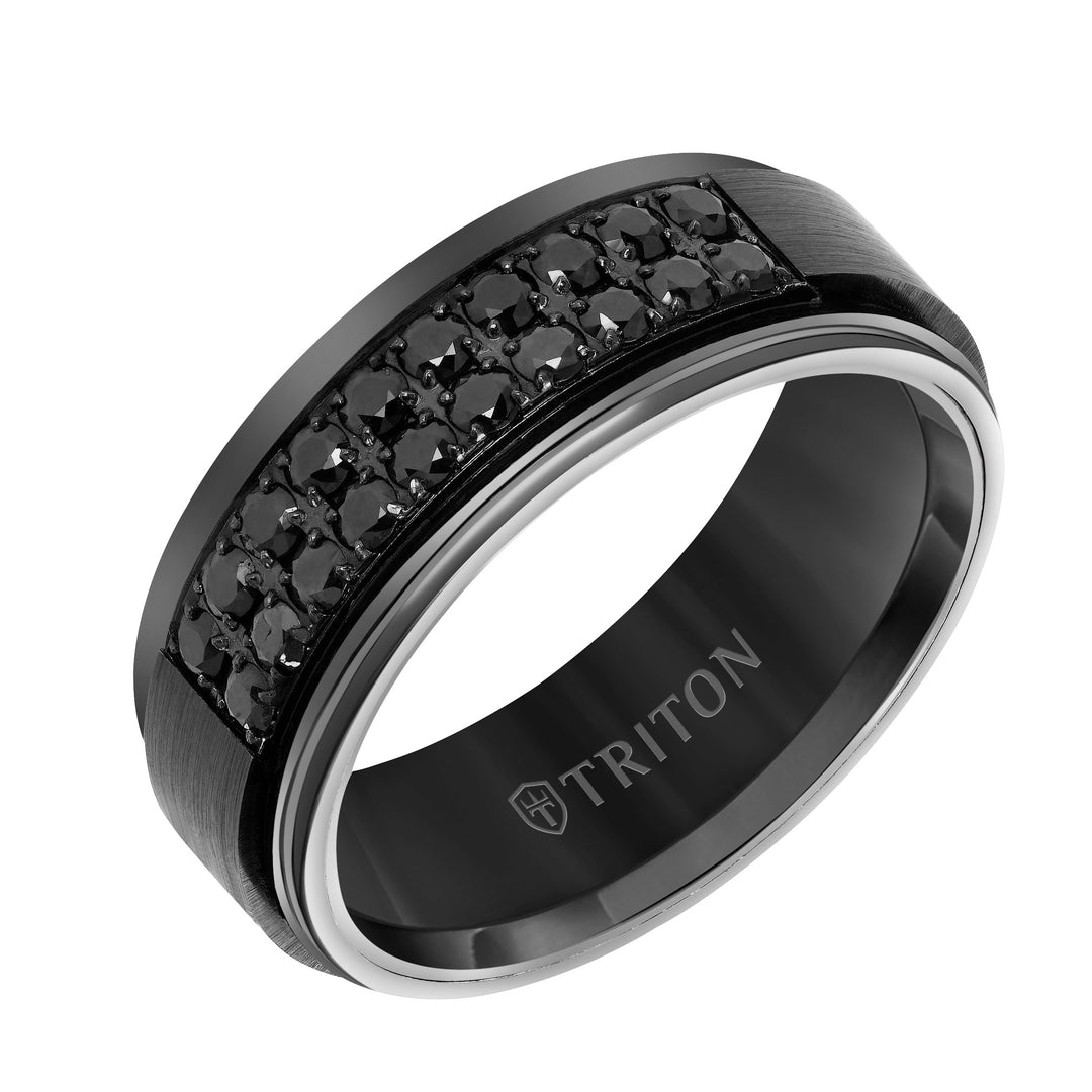 22-6052BC8-G.00 - Goldman - 8MM Black Tungsten Carbide Ring - Black Sapphires & Step Edge
