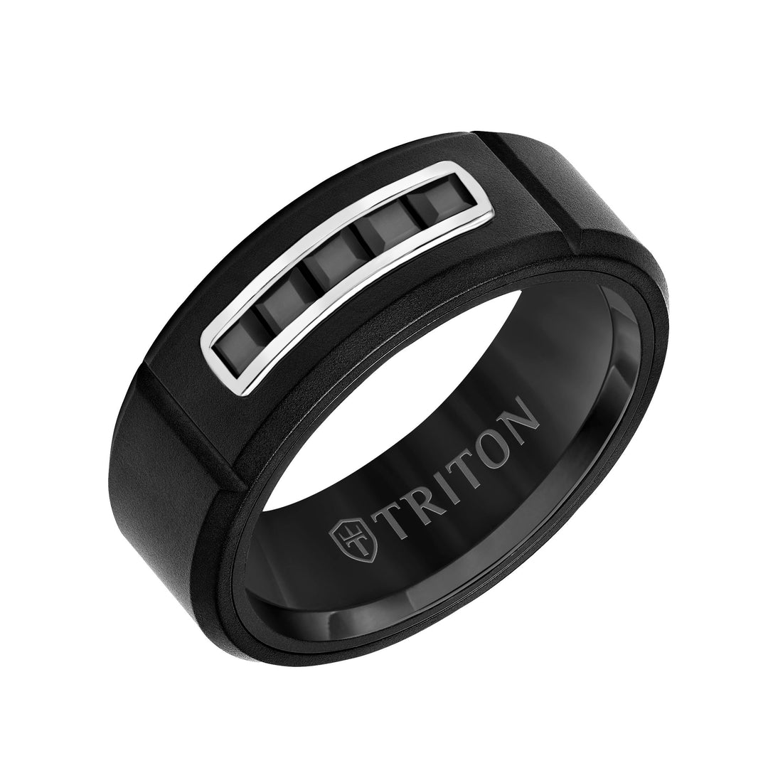 22-RAW131KBCE8-G.00 - Goldman - 8MM Tungsten Raw Black DLC Ring - Channel Set Square Black Sapphires and Black Ceramic Interior
