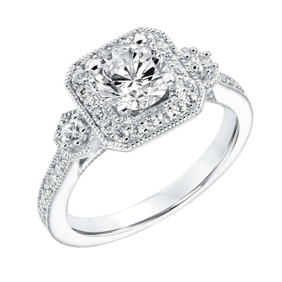31-11011ERW-E.00 - Goldman - Three Stone Diamond Halo Engagement Ring with Diamond Shank and Milgrain Detail
