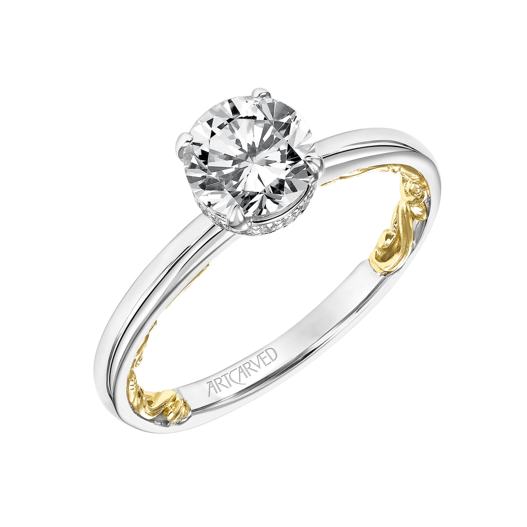 31-V915ERWY-E.01 - Goldman - Lyric Solitaire Diamond Engagement Ring with Hidden Diamond Halo and Inner Carved details and Polished Shank