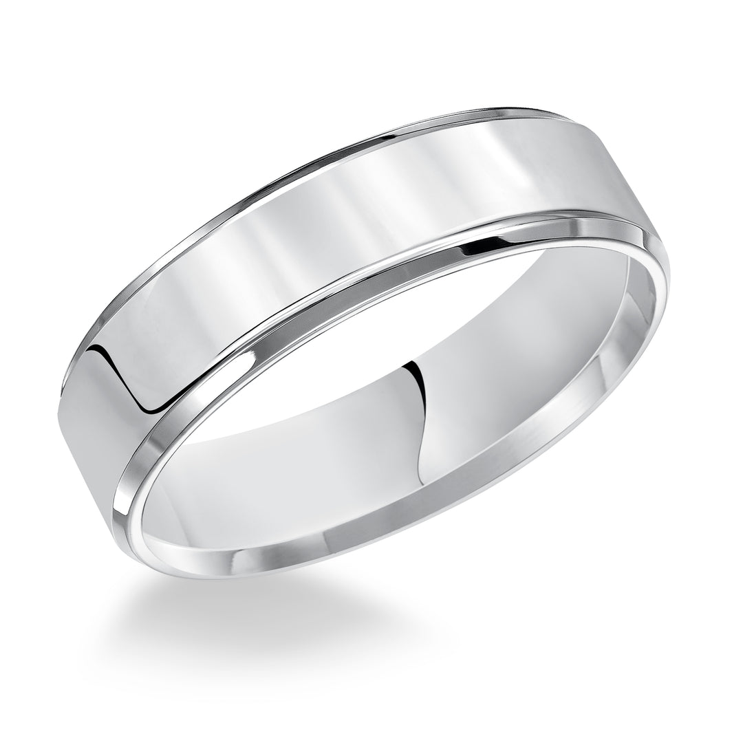This Comfort Fit, wedding band is crisp and contemporary featuring a high polished beveled edge design