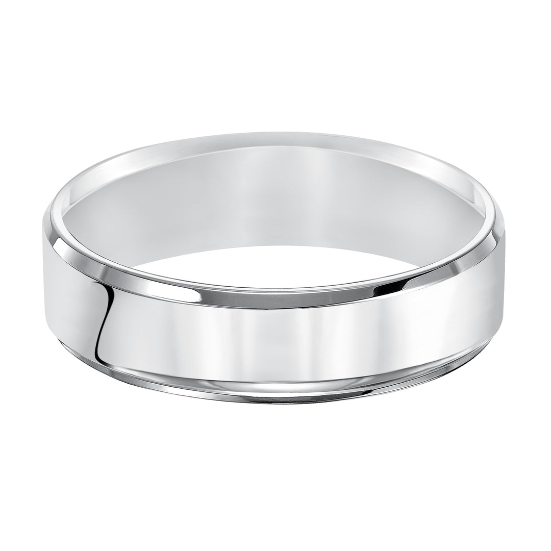 This Comfort Fit, wedding band is crisp and contemporary featuring a high polished beveled edge design