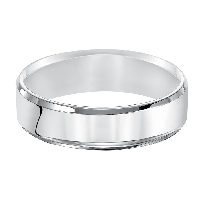 This Comfort Fit, wedding band is crisp and contemporary featuring a high polished beveled edge design