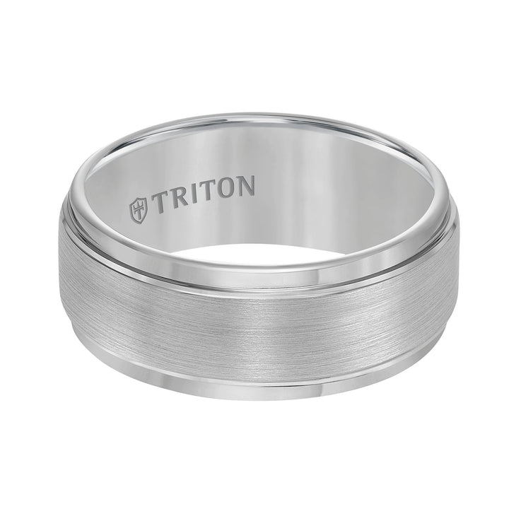 9mm Black Tungsten Carbide Brush Finish Flat with Bright Step Edge Comfort Fit Band.