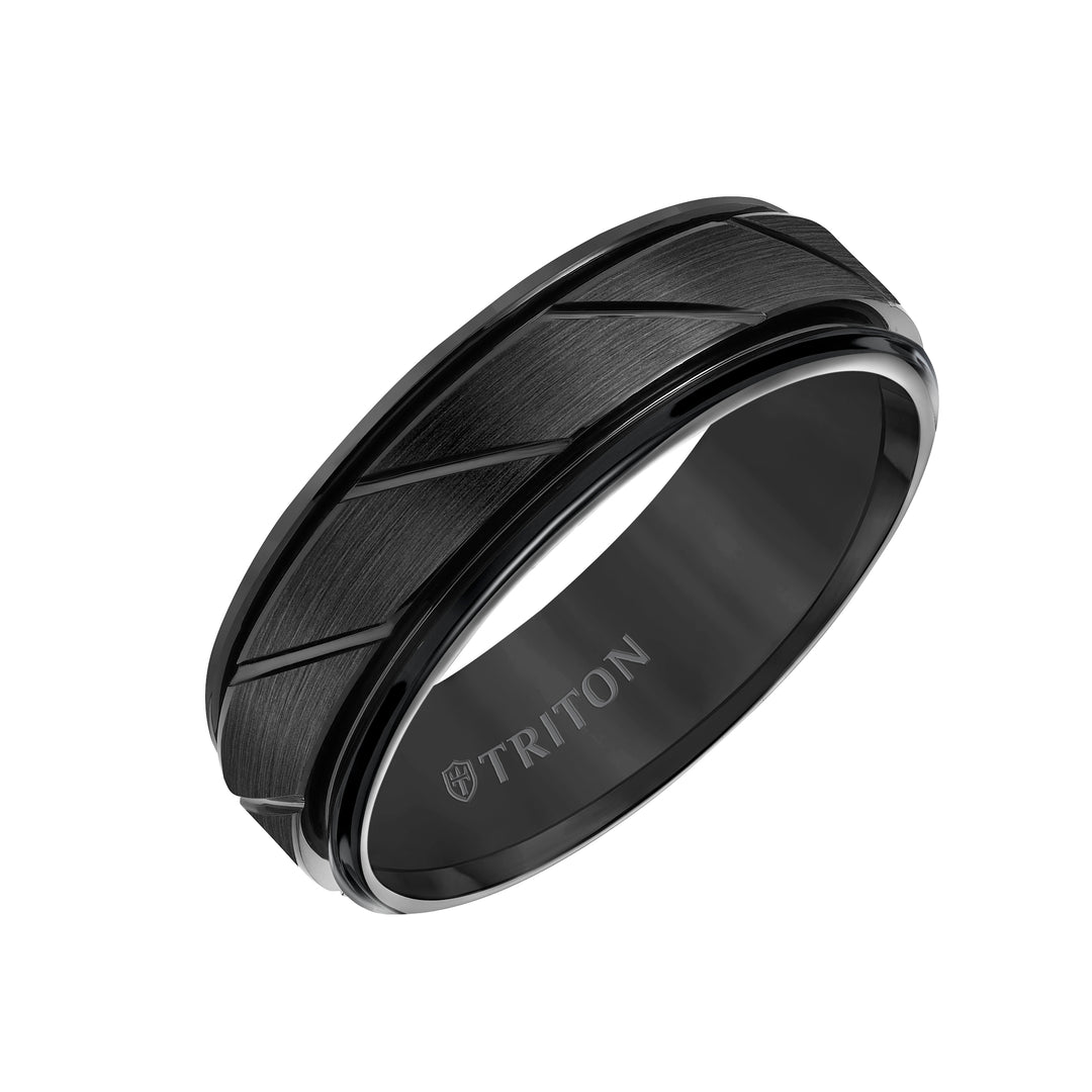 11-2215C-G.00 - Goldman - 7mm White Tungsten Carbide Flat Satin Finish Center with Bright Diagonal Cuts and Rims Comfort Fit Band
