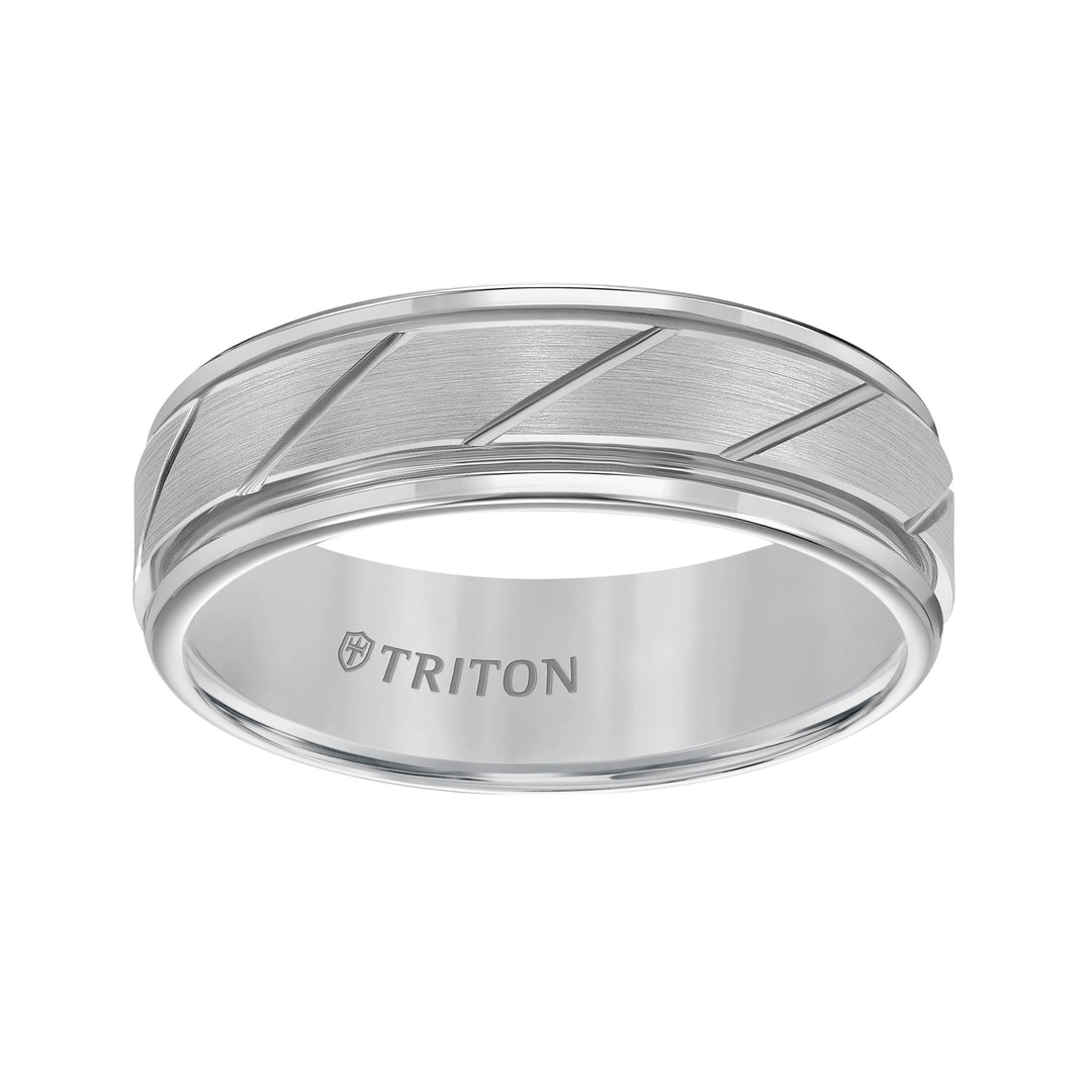 7mm White Tungsten Carbide Flat Satin Finish Center with Bright Diagonal Cuts and Rims Comfort Fit Band
