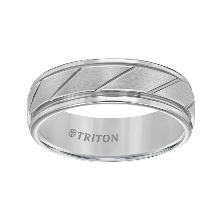 11-2215C-G.00 - Goldman - 7mm White Tungsten Carbide Flat Satin Finish Center with Bright Diagonal Cuts and Rims Comfort Fit Band