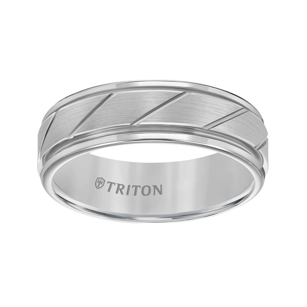 7mm White Tungsten Carbide Flat Satin Finish Center with Bright Diagonal Cuts and Rims Comfort Fit Band