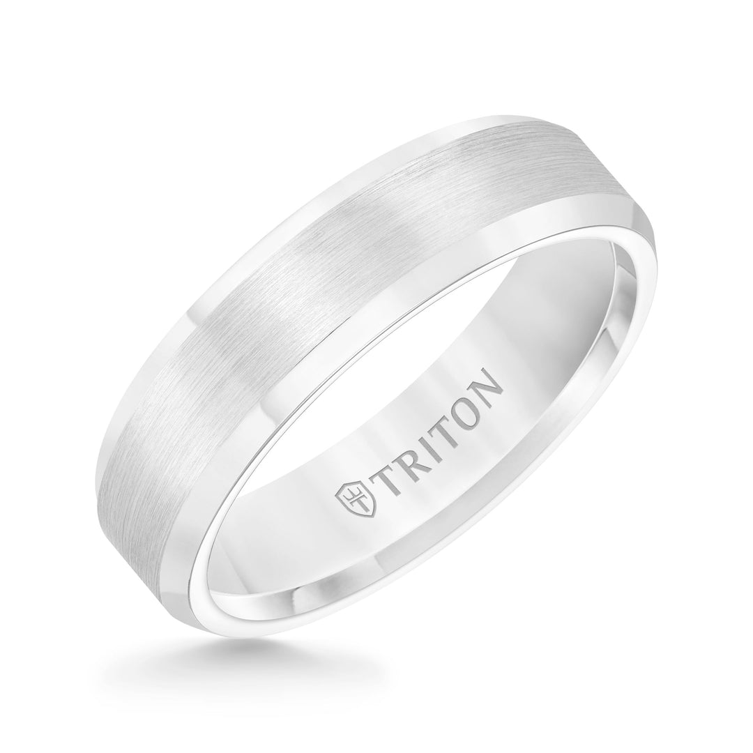 11-2233HC-G.00 - Goldman - 6mm Bevel Edge White Tungsten Carbide comfort fit Band with center satin finish and bright polished edge