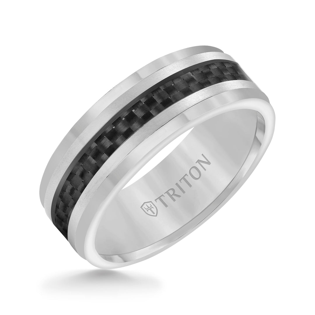8mm Tungsten Carbide Step Edge Comfort Fit Band with Black Carbon Fiber Inlay