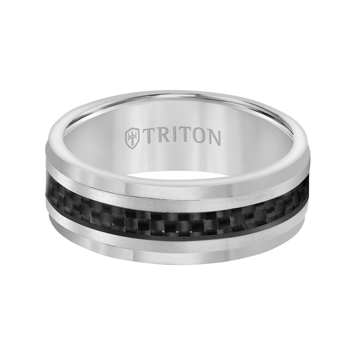 8mm Tungsten Carbide Step Edge Comfort Fit Band with Black Carbon Fiber Inlay