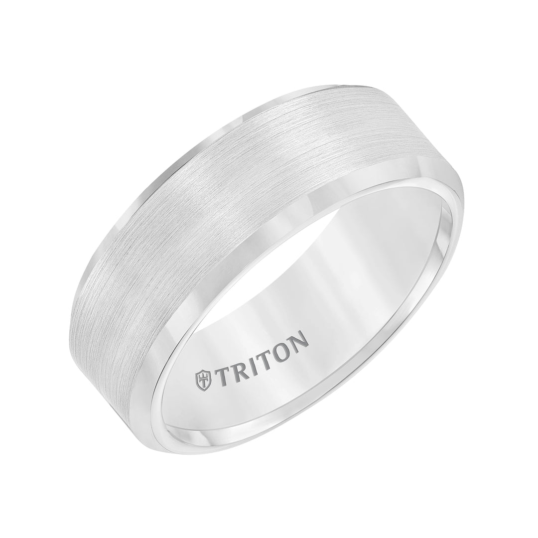 11-2320HC-G.01 - Goldman - 8mm Bevel Edge White Tungsten Carbide Comfort Fit Band with Satin Finish Center and Bright Polished Edge