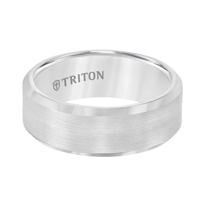 8mm Bevel Edge White Tungsten Carbide Comfort Fit Band with Satin Finish Center and Bright Polished Edge