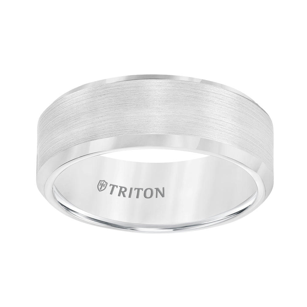 11-2320HC-G.01 - Goldman - 8mm Bevel Edge White Tungsten Carbide Comfort Fit Band with Satin Finish Center and Bright Polished Edge