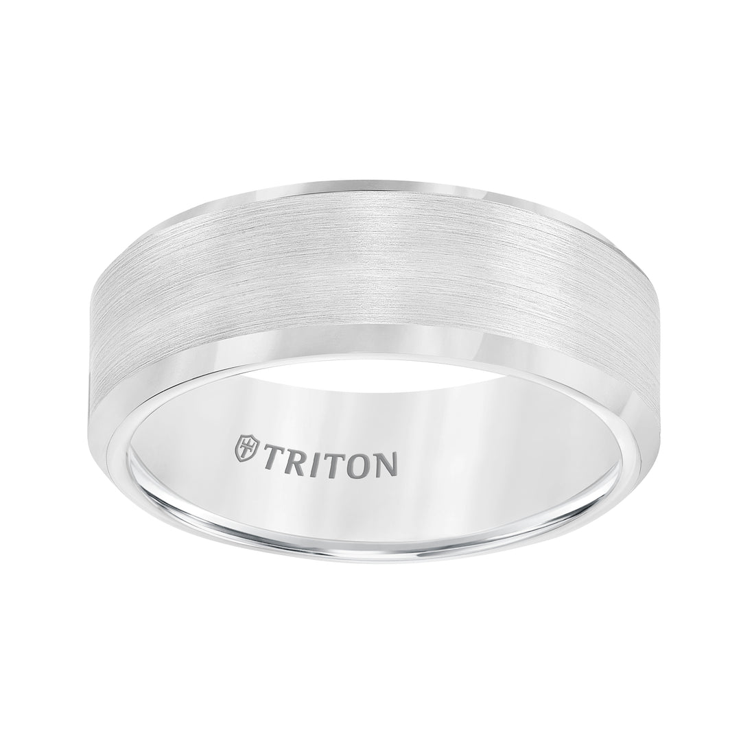11-2320HC-G.01 - Goldman - 8mm Bevel Edge White Tungsten Carbide Comfort Fit Band with Satin Finish Center and Bright Polished Edge