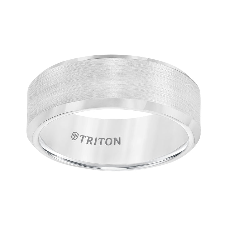 8mm Bevel Edge White Tungsten Carbide Comfort Fit Band with Satin Finish Center and Bright Polished Edge