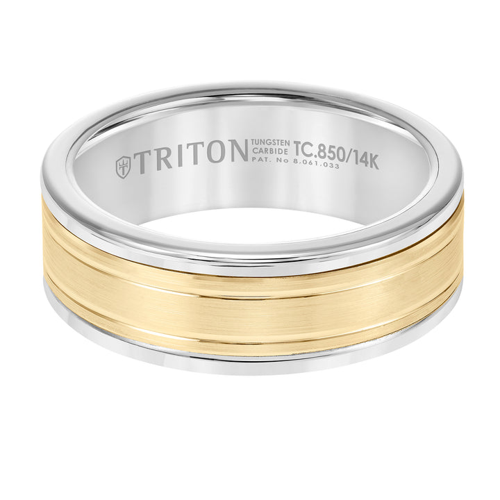 8mm Band with White Tungsten Exterior and Double Engraved 14K Yellow Gold Core