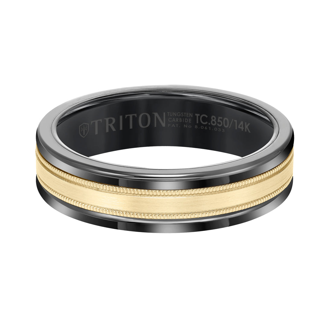 6mm Band with Black Tungsten Exterior and Flat Milgrain 14K Yellow Gold Core
