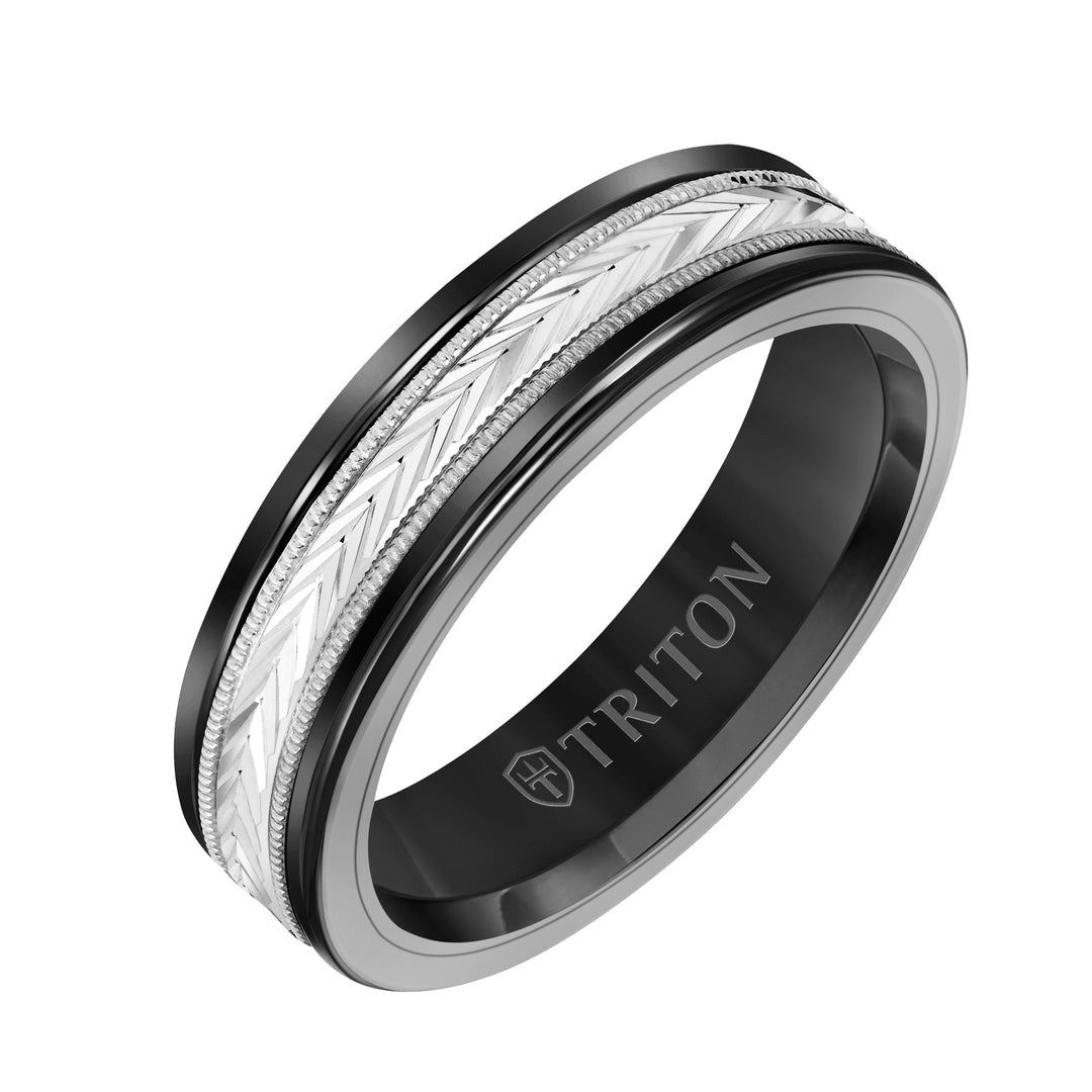 8mm White Tungsten Carbide Ring with 14kt Yellow Gold Chevron Pattern Center