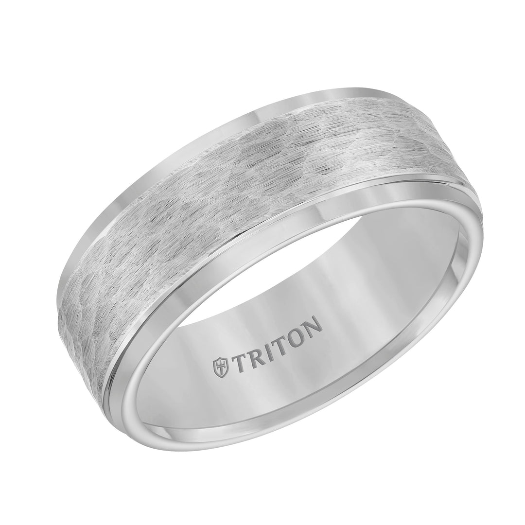 8mm  Tungsten carbide Step Edge Comfort Fit band with center hammered texture