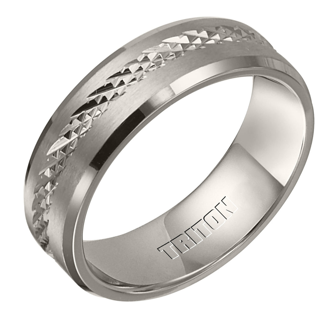 7mm Titanium Flat Brush Finish Bright Polished Bevel Edge Comfort Fit Band with center texture detail