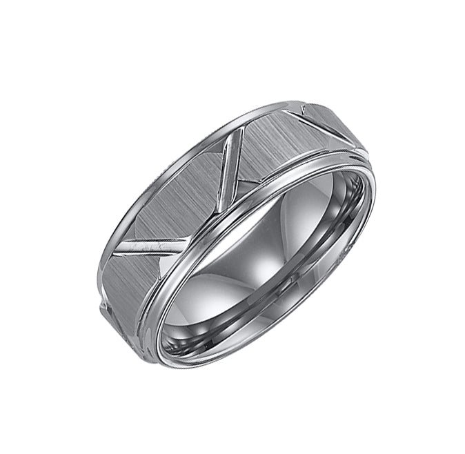 11-4126HC-G.00 - Goldman - 8mm Black Tungsten Carbide Step Edge Comfort Fit Band with Vertical Satin Finish and Bright Edges and Cuts