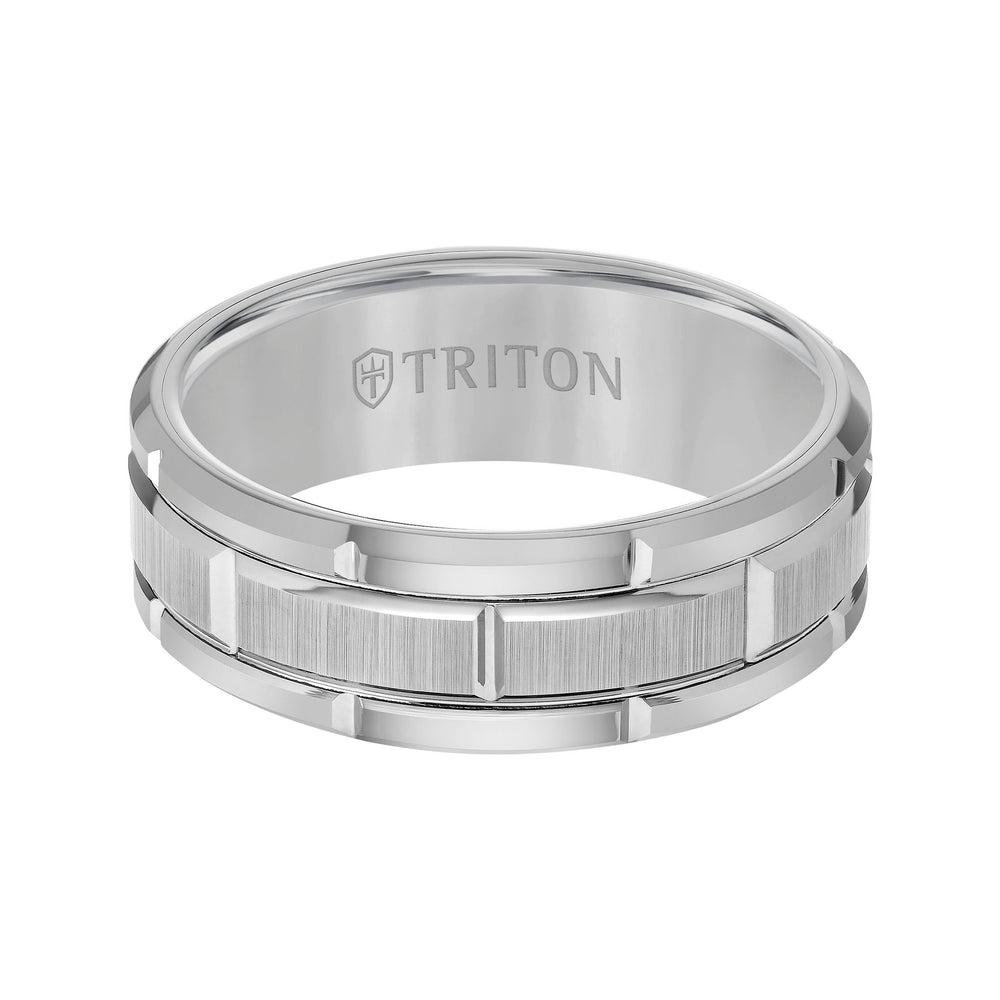 8mm Black Tungsten Carbide Bevel Edge Comfort Fit Band with Vertical Satin Finish Center and Bright Edges and Cuts
