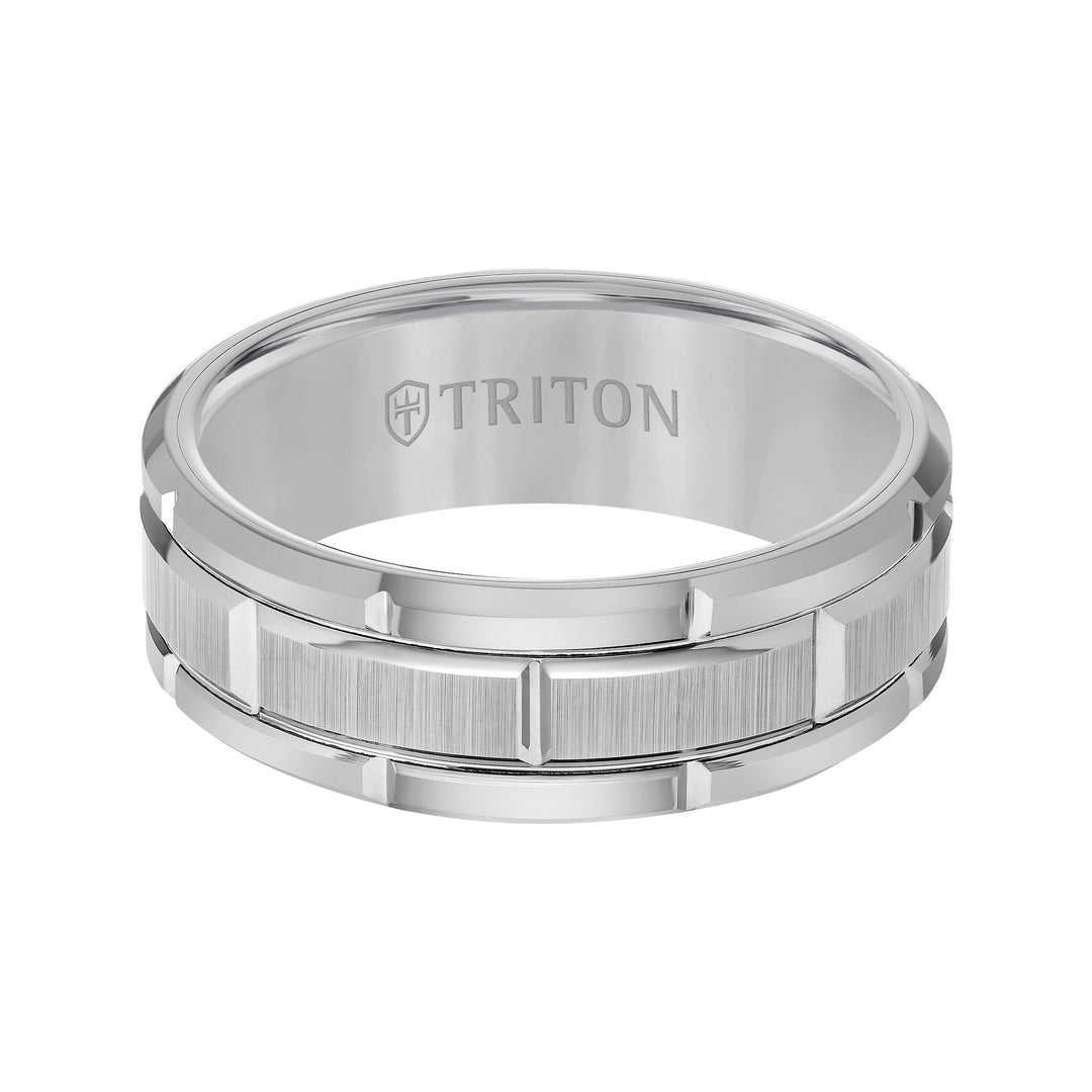 8mm White Tungsten Carbide Bevel Edge Comfort Fit Band with Vertical Satin Finish Center and Bright Edges and Cuts