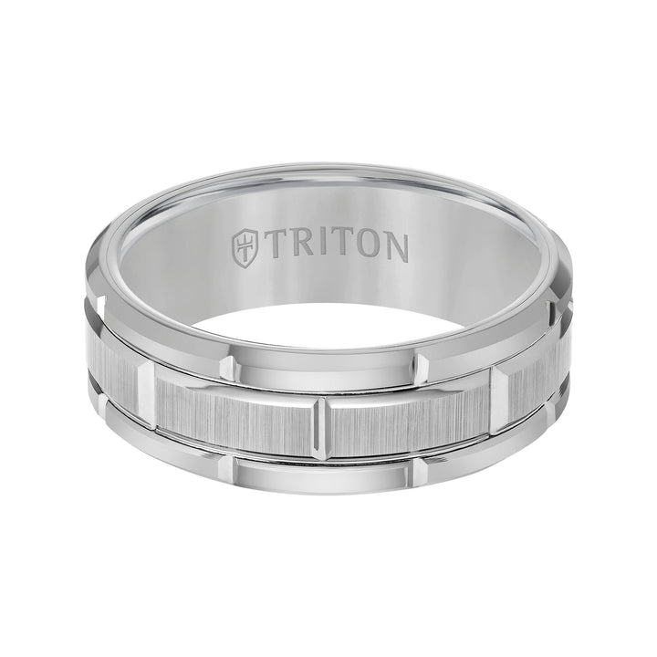 8mm White Tungsten Carbide Bevel Edge Comfort Fit Band with Vertical Satin Finish Center and Bright Edges and Cuts