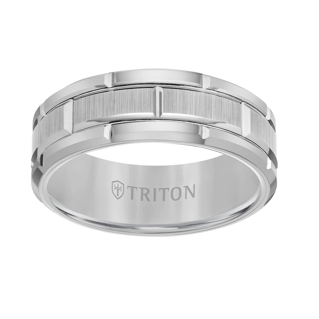 8mm White Tungsten Carbide Bevel Edge Comfort Fit Band with Vertical Satin Finish Center and Bright Edges and Cuts