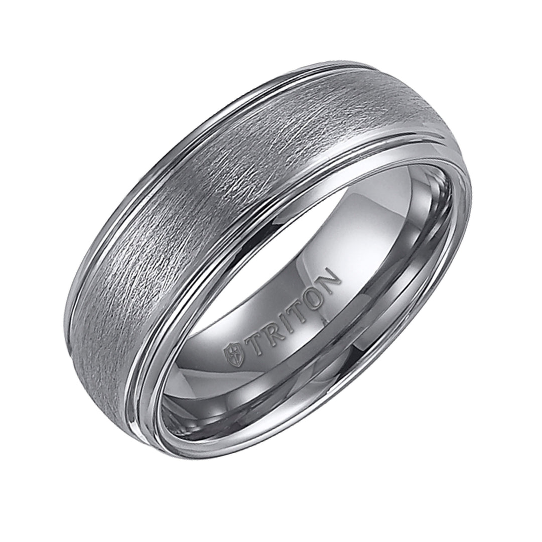 8mm Black Tungsten Carbide Wire Brush Finish Dome with Bright Polished Rims