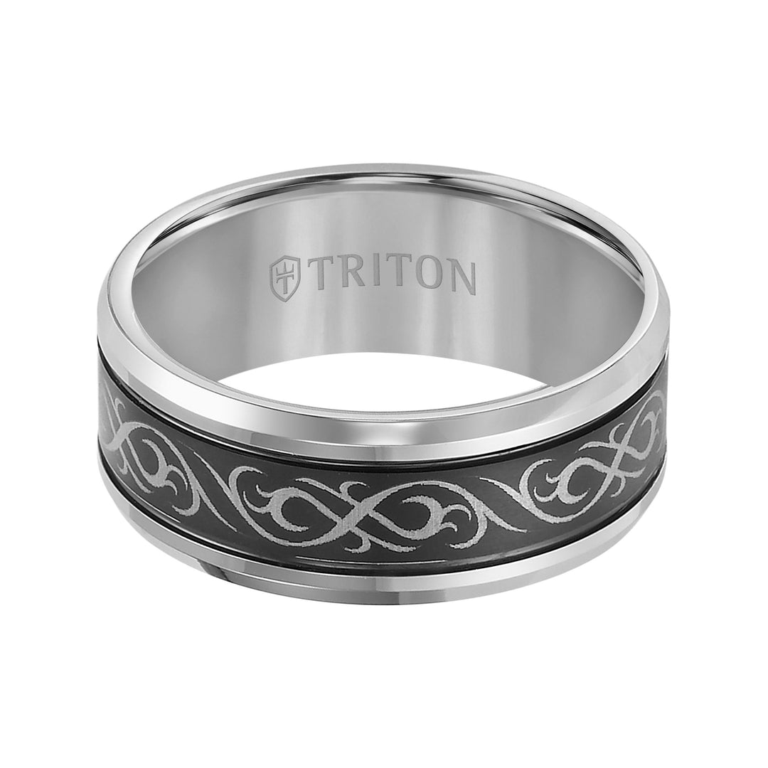 Black and White Tungsten Carbide Comfort Fit Band with laser pattern detail