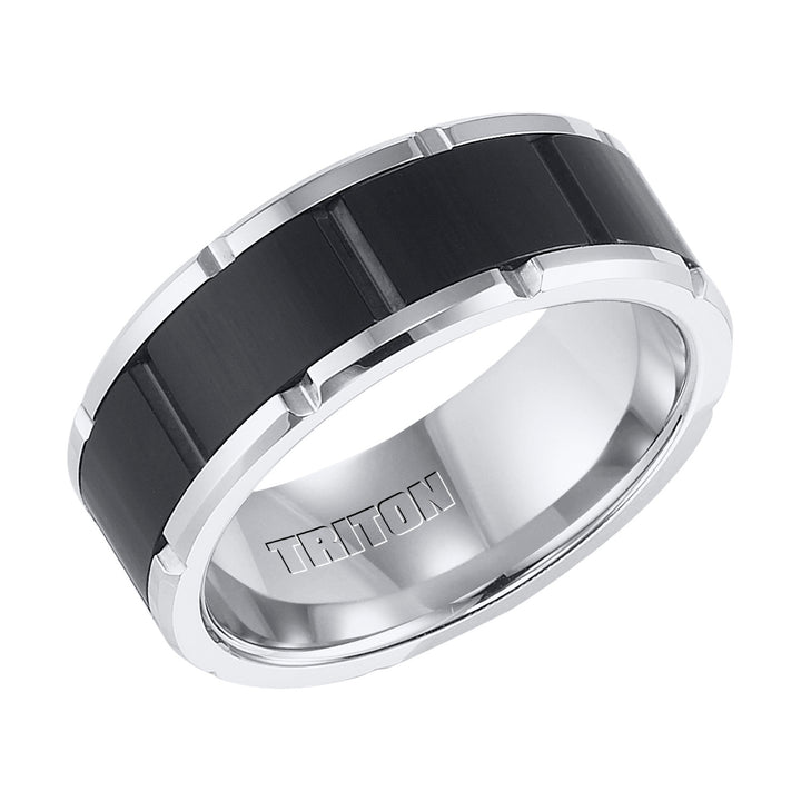 Black and White Tungsten Carbide Comfort Fit Band with Brick Engraving
