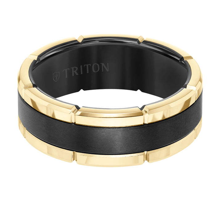 8MM Black Tungsten Carbide Flat Comfort Fit Band W/Brush Center &Rose Rims