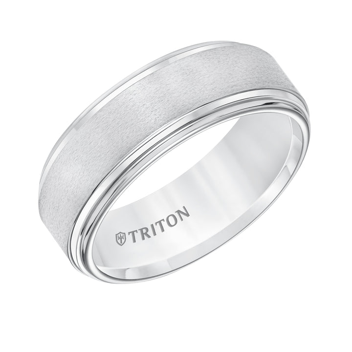 11-5732HC-G.00 - Goldman - 8mm White Tungsten Band W/ A Double Stepped Edge & Satin Center W/Bright Edges