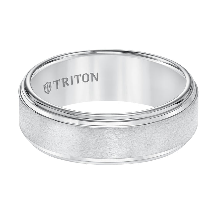 8mm White Tungsten Band W/ A Double Stepped Edge & Satin Center W/Bright Edges